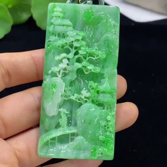 F34948146 Jadeite Landscape Pendant Total Weight Approx. 91g (Including Rope Weight)