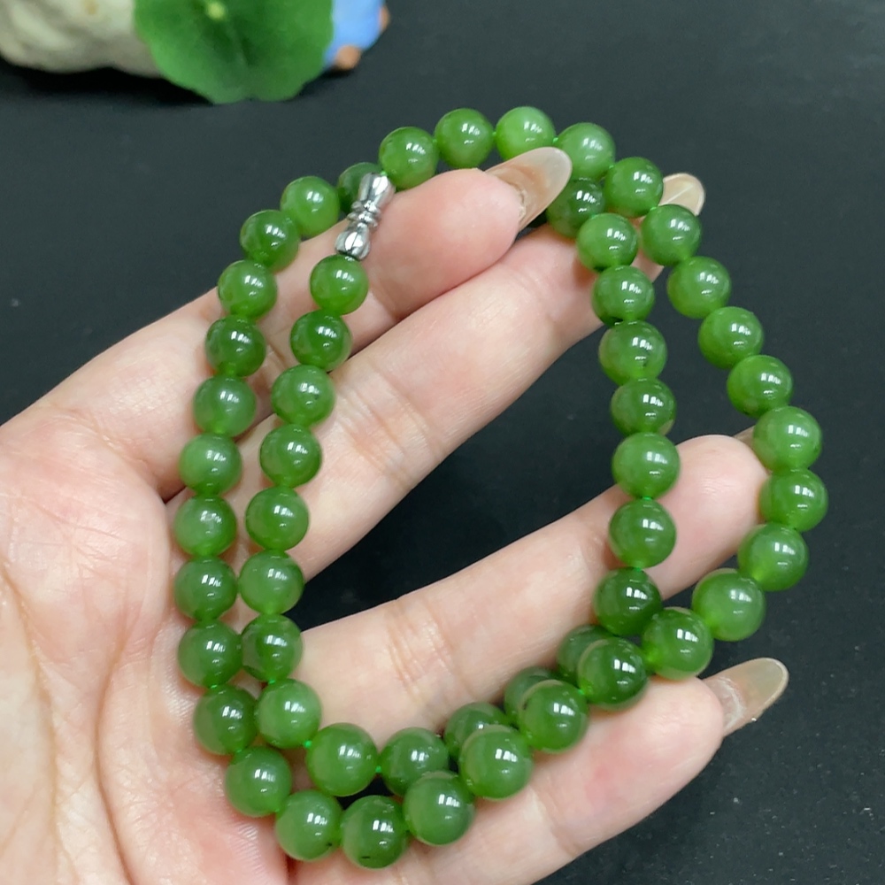H32736683 Hetian Jade Bead Necklace, Approx. 7.9mm, Total Weight Approx. 44.8g