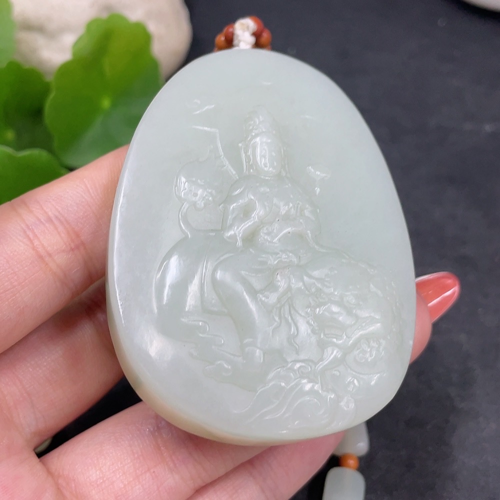 H34980500 Hetian Jade Pendant Manjushri Bodhisattva with Non-Hetian Jade Beads Total Weight Approx. (Including Chain) 133.9g