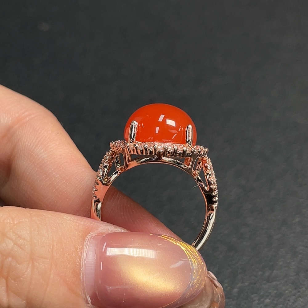 C28224829 Red Agate Inlaid Ring, Non-Gold Setting, Adjustable, Total Weight Approx. 5.99g