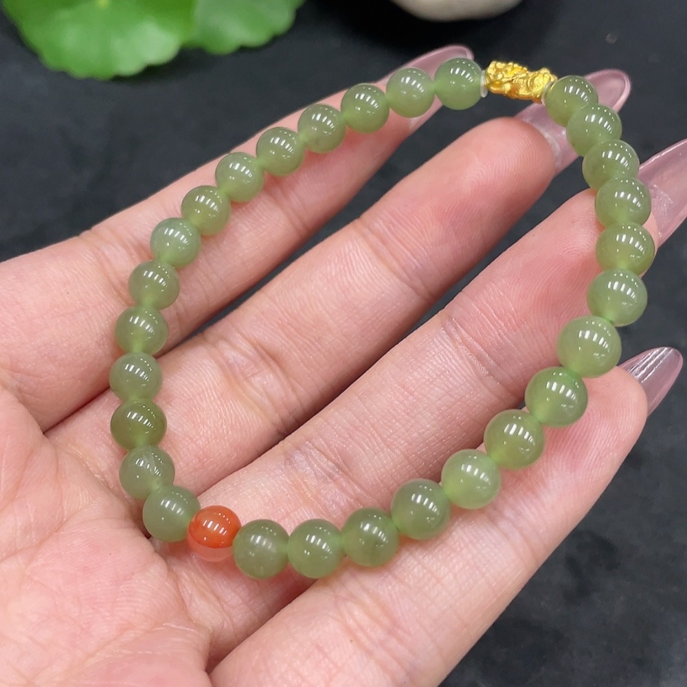 H33858594 Hetian Jade Bracelet, Approx. 5.9mm, Total Weight Approx. 9.5g, 99% Gold Content, Non-Hetian Jade Beads