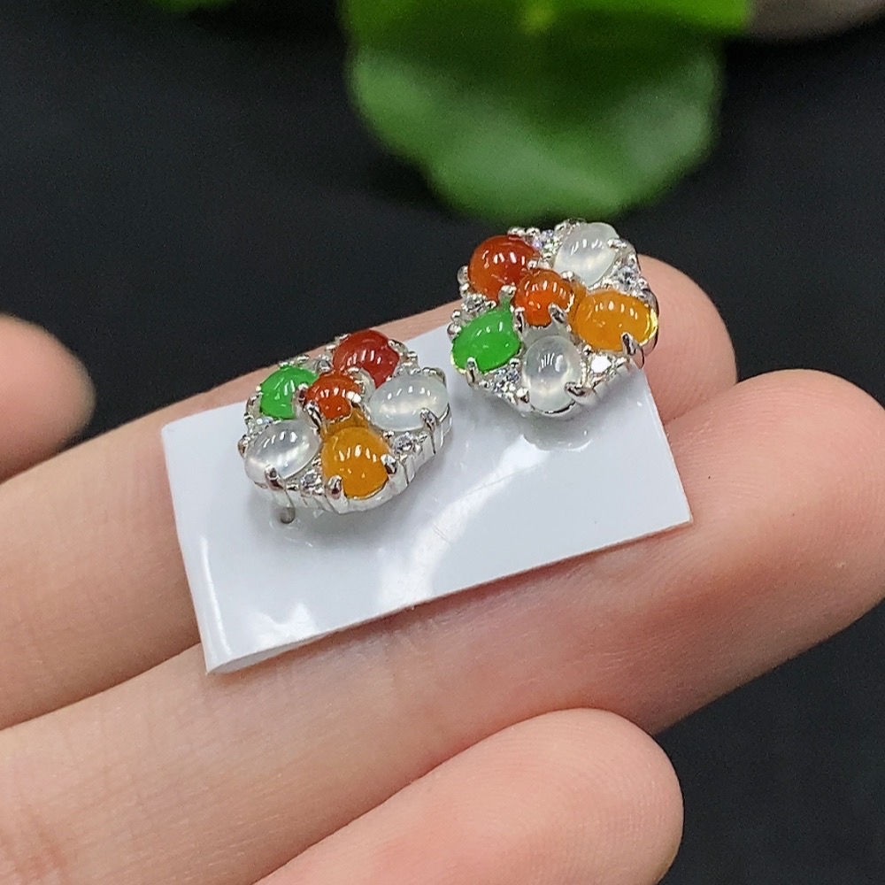 F33946427 Jadeite Cabochon Earrings Non-Gold Setting Total Weight Approx. 2.4g Yellow-Red Part Color Origin Undetermined