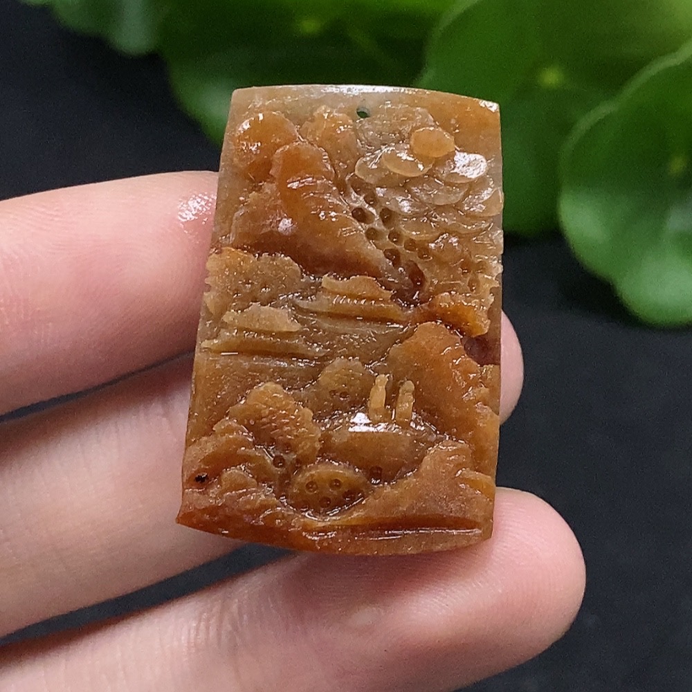 F34029201 Jadeite Unpolished Pendant Landscape Plaque Total Weight Approx. 9.89g Yellow Part Color Origin Undetermined