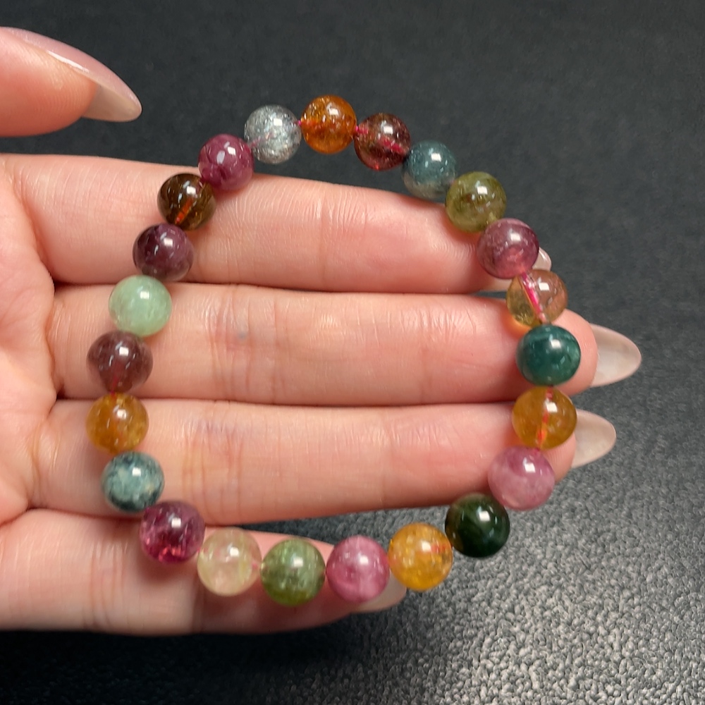 C34008466 Tourmaline Bracelet with Visible Organic Matter and Other Mineral Components, Total Weight Approx. 16.47g, Bead Size ~7.5mm