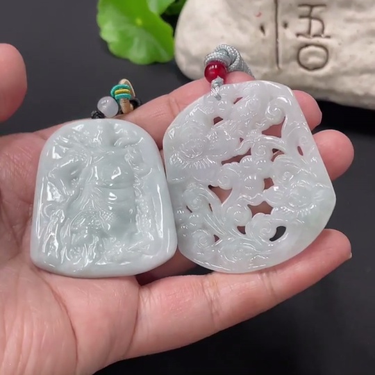 F33836613 Jadeite Pendant Guan Gong Plaque Flourishing Wealth With Non-A Grade Beads