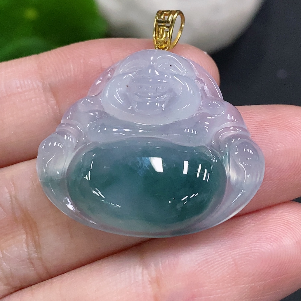F33933316 Jadeite Buddha Pendant with 18K Gold Clasp, Total Weight Approximately 6.3g