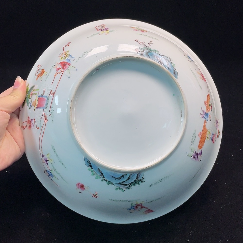 W30475565 Porcelain, Perfect Condition, Early Qing Five Blessings Holding Longevity and Peace Famille Rose Bowl