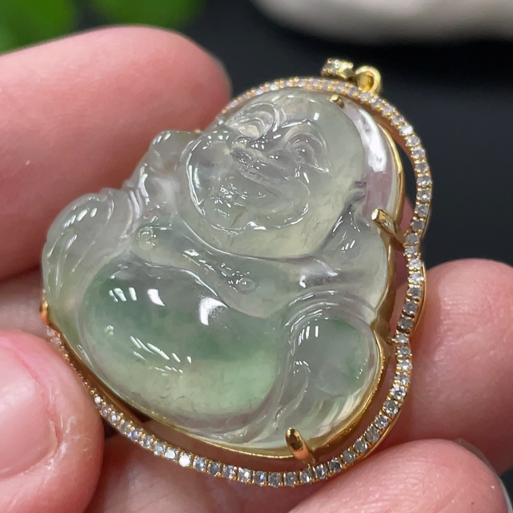 F33837840 JadeiteBuddha Pendant with 18K Gold Setting and Chain, Total Weight Approx. 10.6g, Accented with Diamonds
