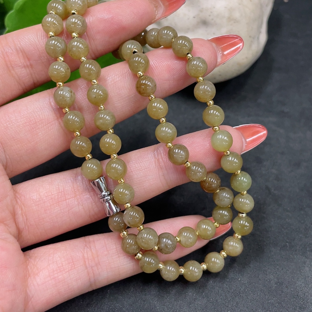 H34016824 Hetian Jade Bead Necklace, Approx. 6mm, Non-Gold, Total Weight Approx. 21.4g