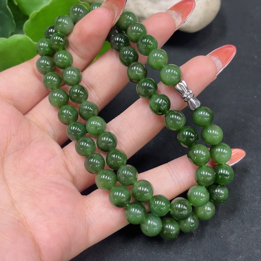 H34062393 Hetian Jade Jasper Bead Necklace Approx. 8mm Non-Gold Total Weight About 43.9g