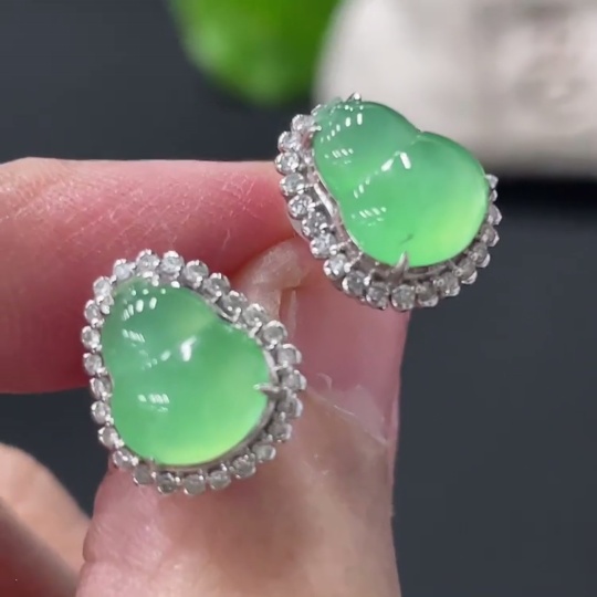 F30519099 Jadeite Earrings 18k with Diamond Accents Total Weight Approx. 3g (Excluding Ear Backs)