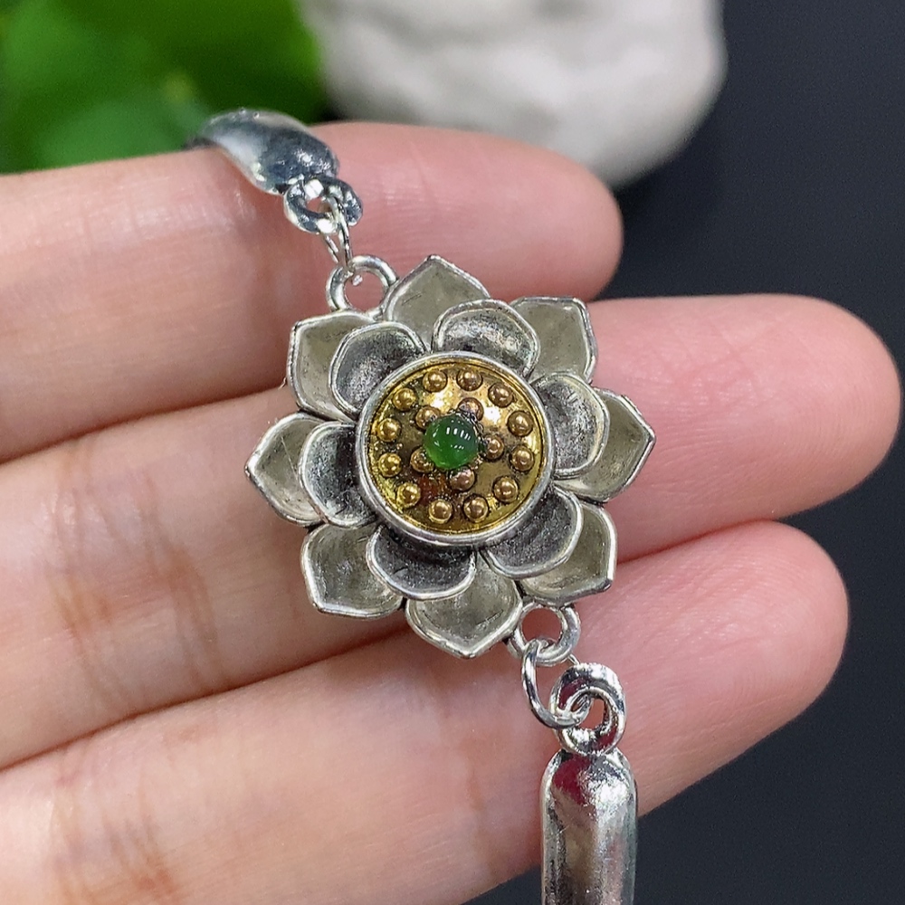 F27104609 Jadeite Cabochon Inlaid Bracelet, Non-Gold Setting, Total Weight Approx. 11.4g