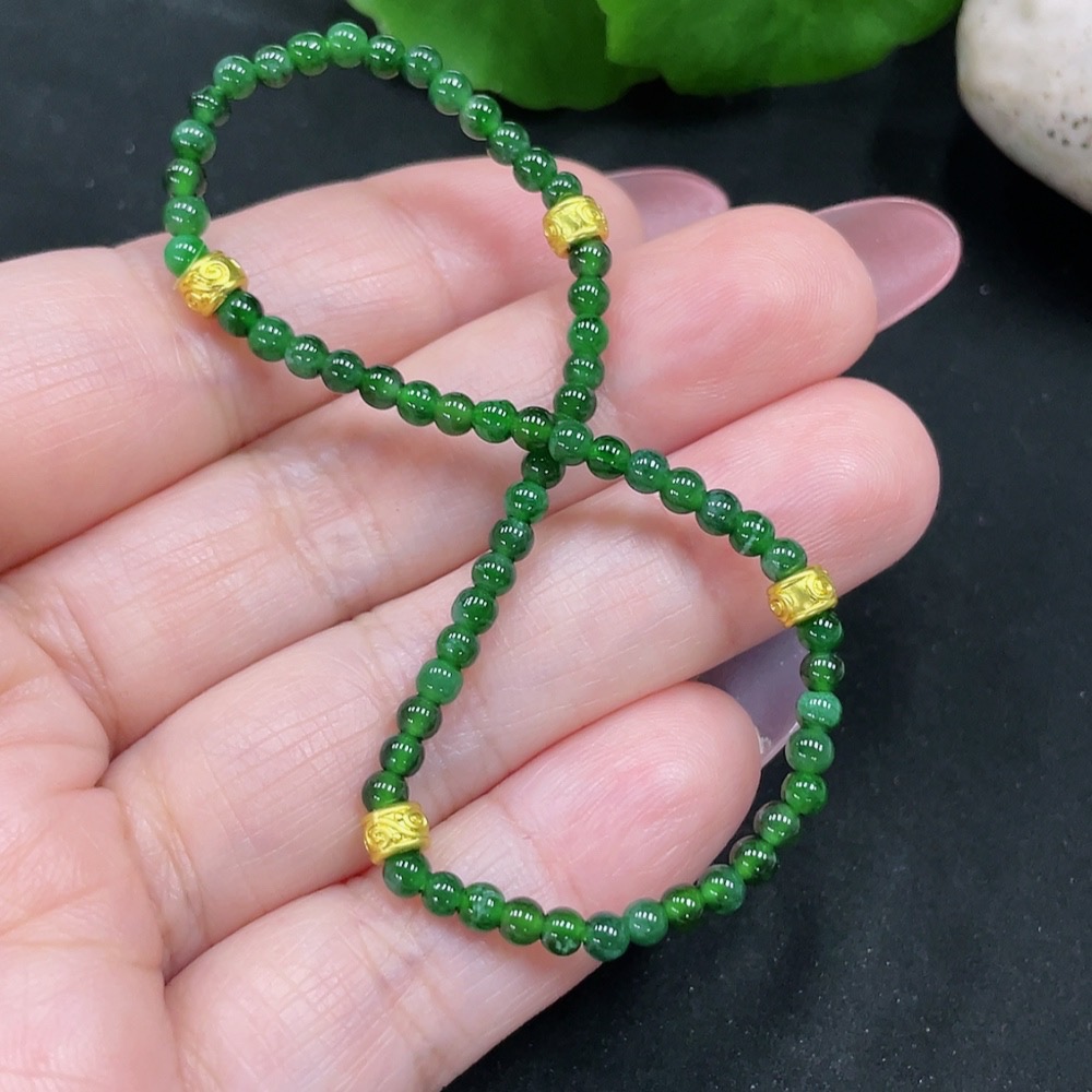 F34983096 Jadeite Bracelet Approx. 3mm Beads Total Weight Approx. 3.5g Non-gold Inlaid