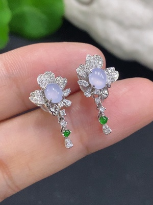 F30484017 Jadeite Cabochon Earrings 18K Gold Total Weight Approx. 2.5g (Diamond Accents)
