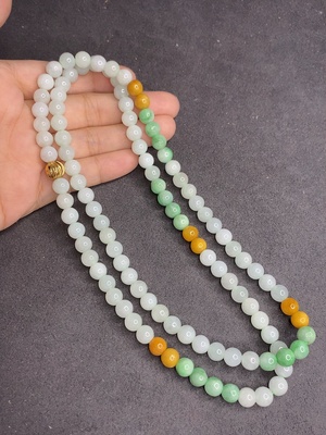 0010482 Three-color JadeiteBead Necklace Individual with Lines Size 6.7