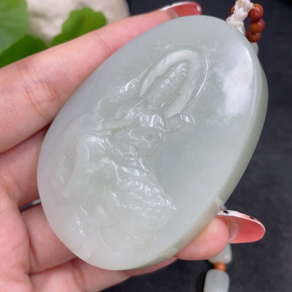 H34980500 Hetian Jade Pendant Manjushri Bodhisattva with Non-Hetian Jade Beads Total Weight Approx. (Including Chain) 133.9g