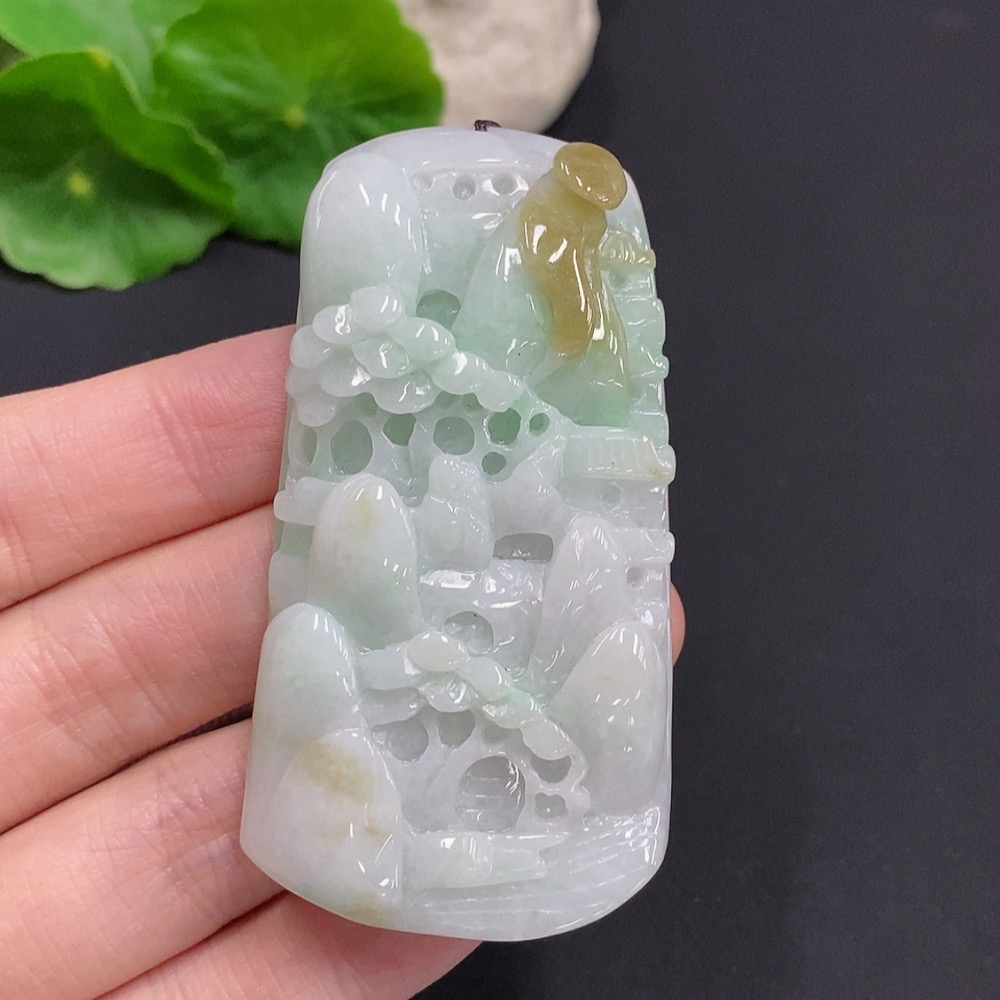 F35159511 Jadeite Landscape Pendant Total Weight Approx. 68.1g (Including Cord Weight) With Non-Jadeite Beads