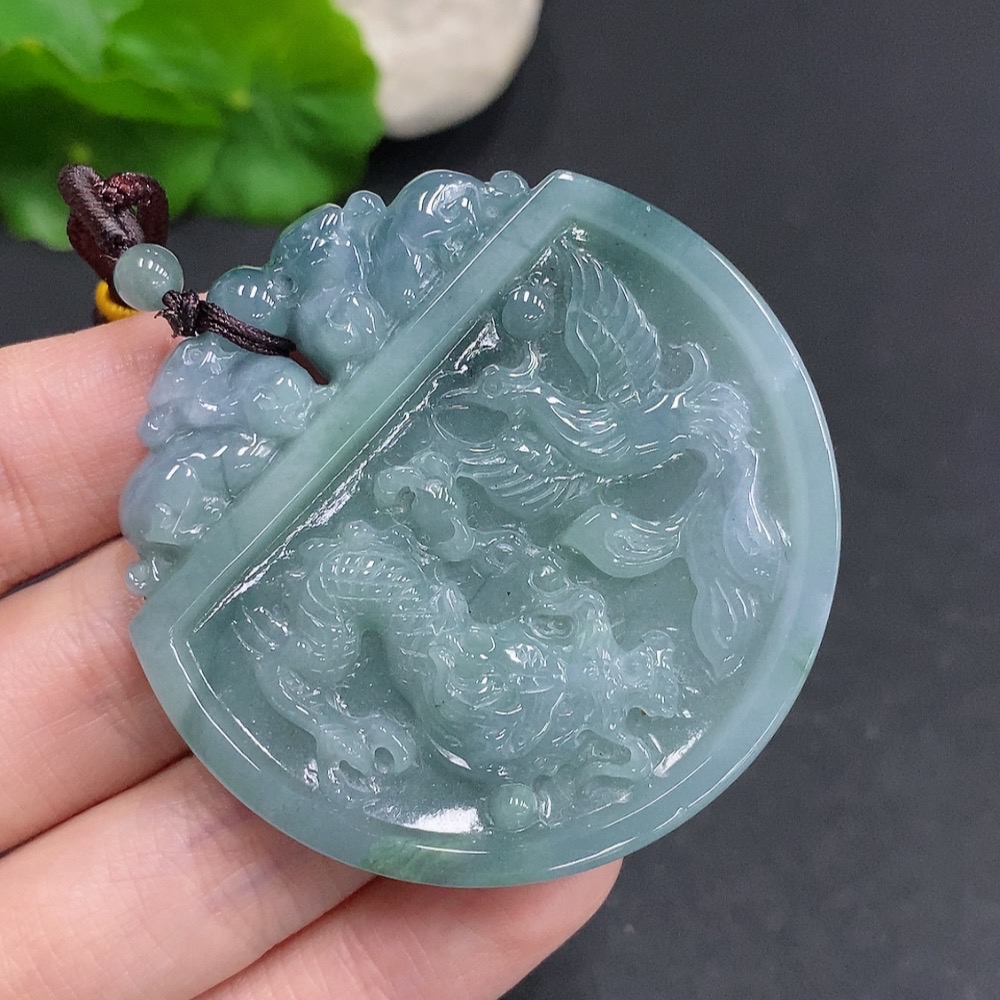 F34060549 Jadeite Dragon and Phoenix Auspicious Pendant