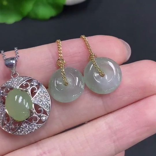 F35123842 Jadeite Cabochon Pendant + Peace Buckle Ear Threads Sell as a Lot Non-Gold Setting