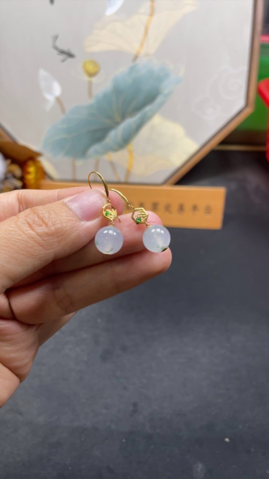 F29361179 Jadeite Inlaid Earrings, Pair, Approx. 9.8mm, 18K Gold, Total Weight Approx. 3.7g