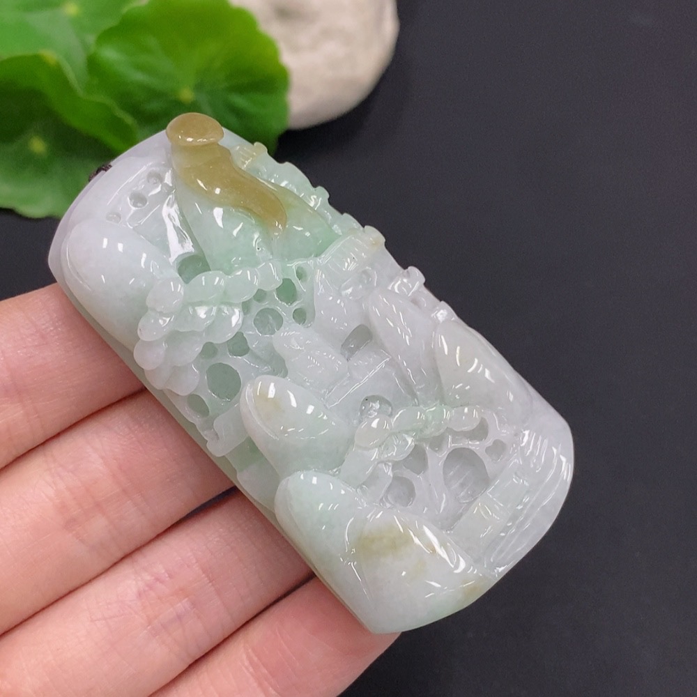 F35159511 Jadeite Landscape Pendant Total Weight Approx. 68.1g (Including Cord Weight) With Non-Jadeite Beads