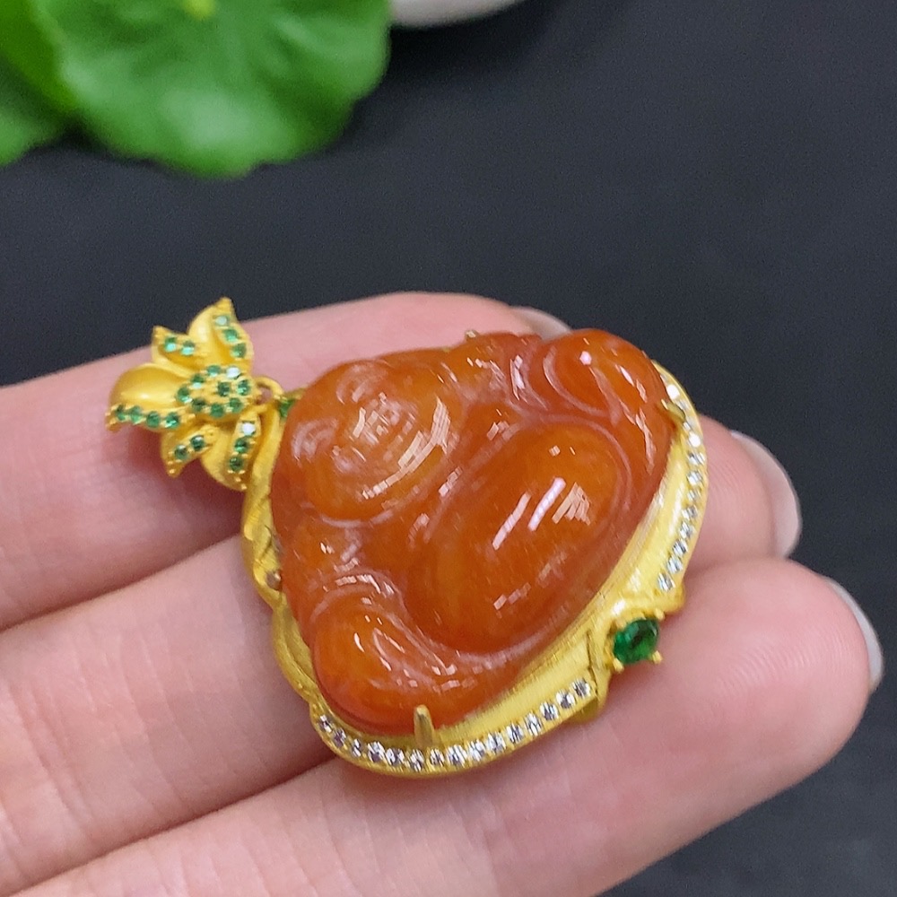 F34002095 Jadeite Buddha Pendant, Non-Gold Inlaid, Total Weight Approx. 9.5g, Yellow Color Origin Undetermined