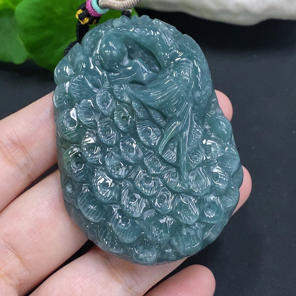F34023049 Jadeite Peacock Pendant, Total Weight Including Rope Approximately 58.6g