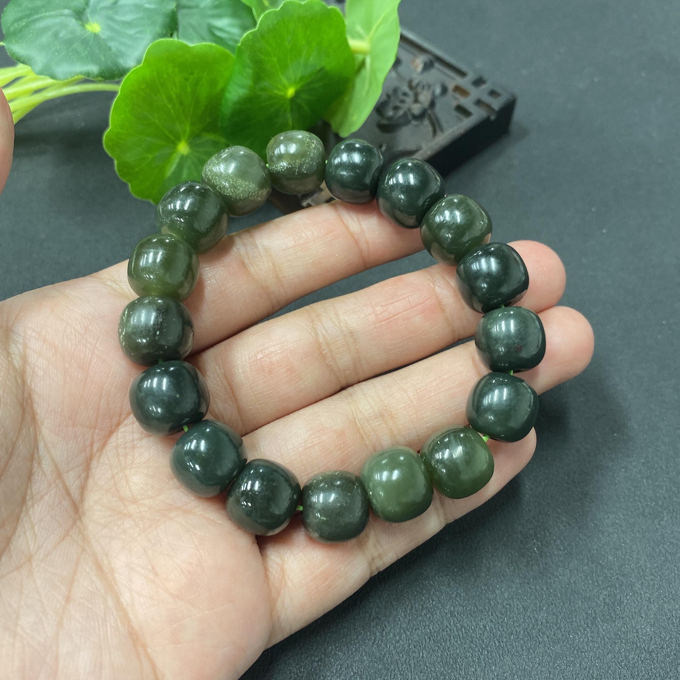 H0611834 Hetian Jade Bead Necklace, 11.4mm, Total Weight 45.8g, Some Beads with Veins
