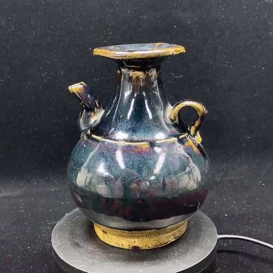 W33855132 Ceramic, intact, small kiln black-glazed handled pouring bottle, size as per actual item