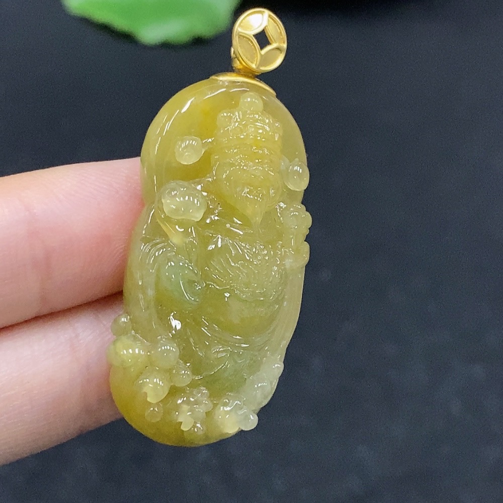 F32729253 Jadeite Caishen Pendant 18K Gold Color Origin Undetermined Total Weight Approx. 12.84g