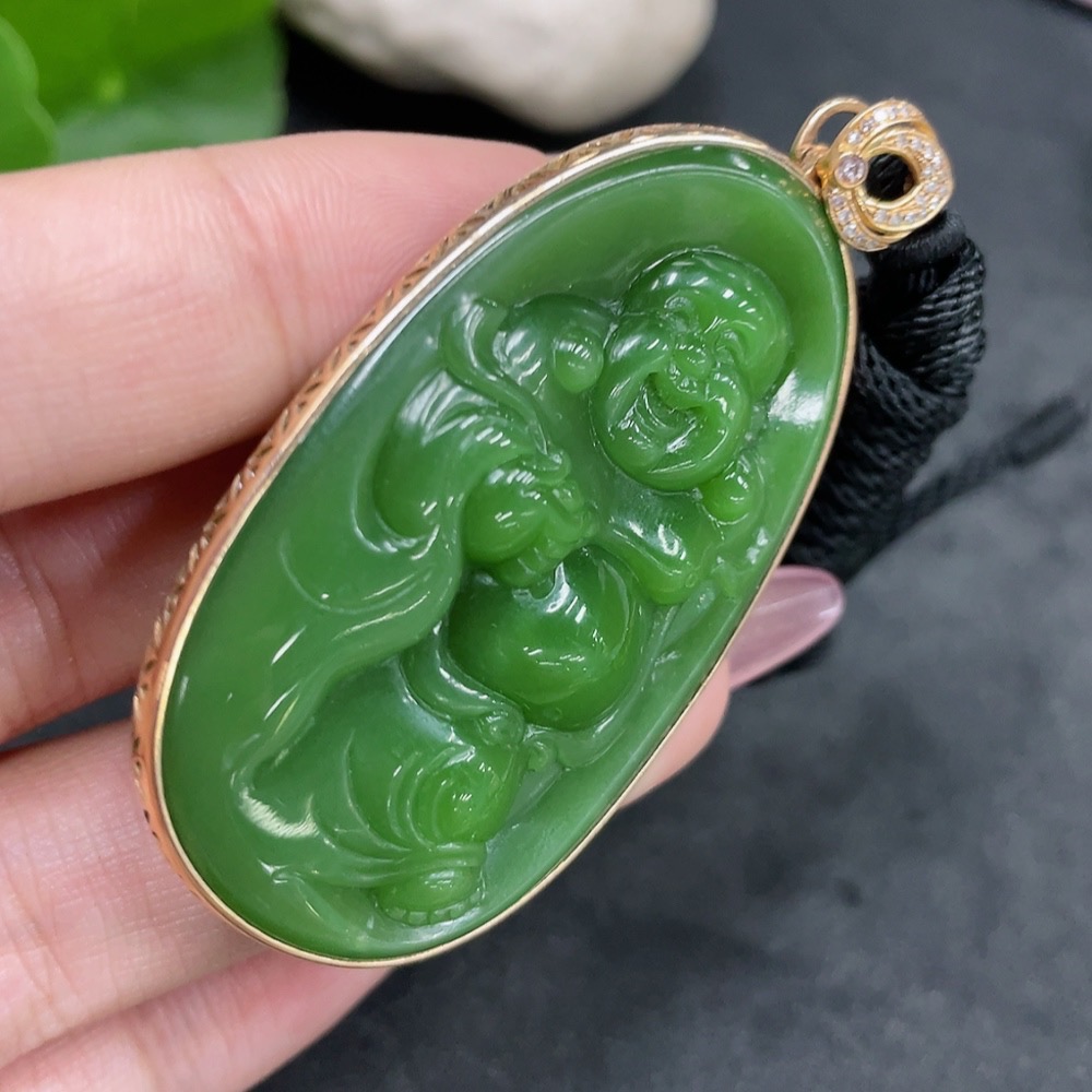 H33840403 Hetian Jade Inlaid Pendant, Buddha, Total Weight (with rope) approx. 30.2g, Large 1pc Non-Diamond, 18k