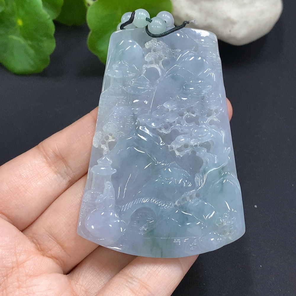 F29410913 Jadeite Landscape Pendant with Chain Total Weight Approx. 84.5g (Color Origin Undetermined)