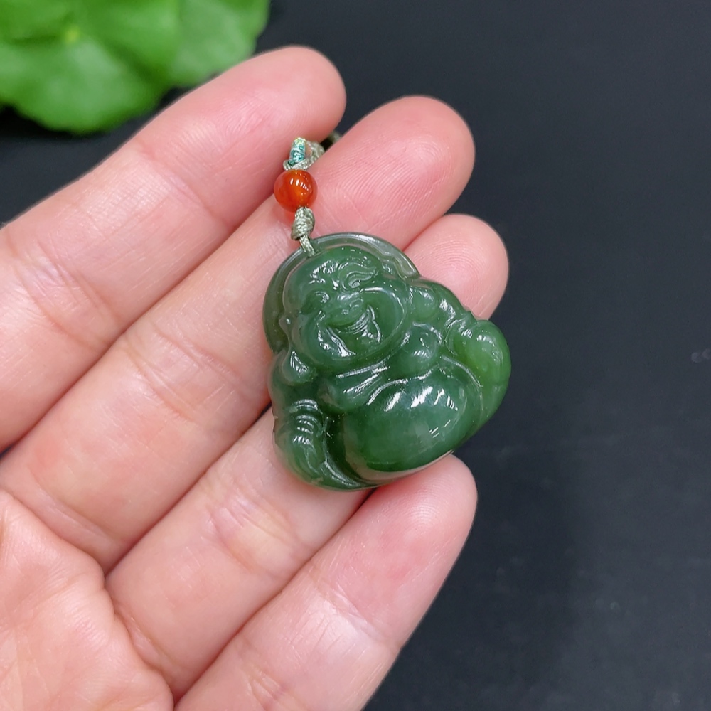 H34037751 Hetian Jade Jasper Pendant - Buddha Figure - Total Weight (with rope): 8.5g