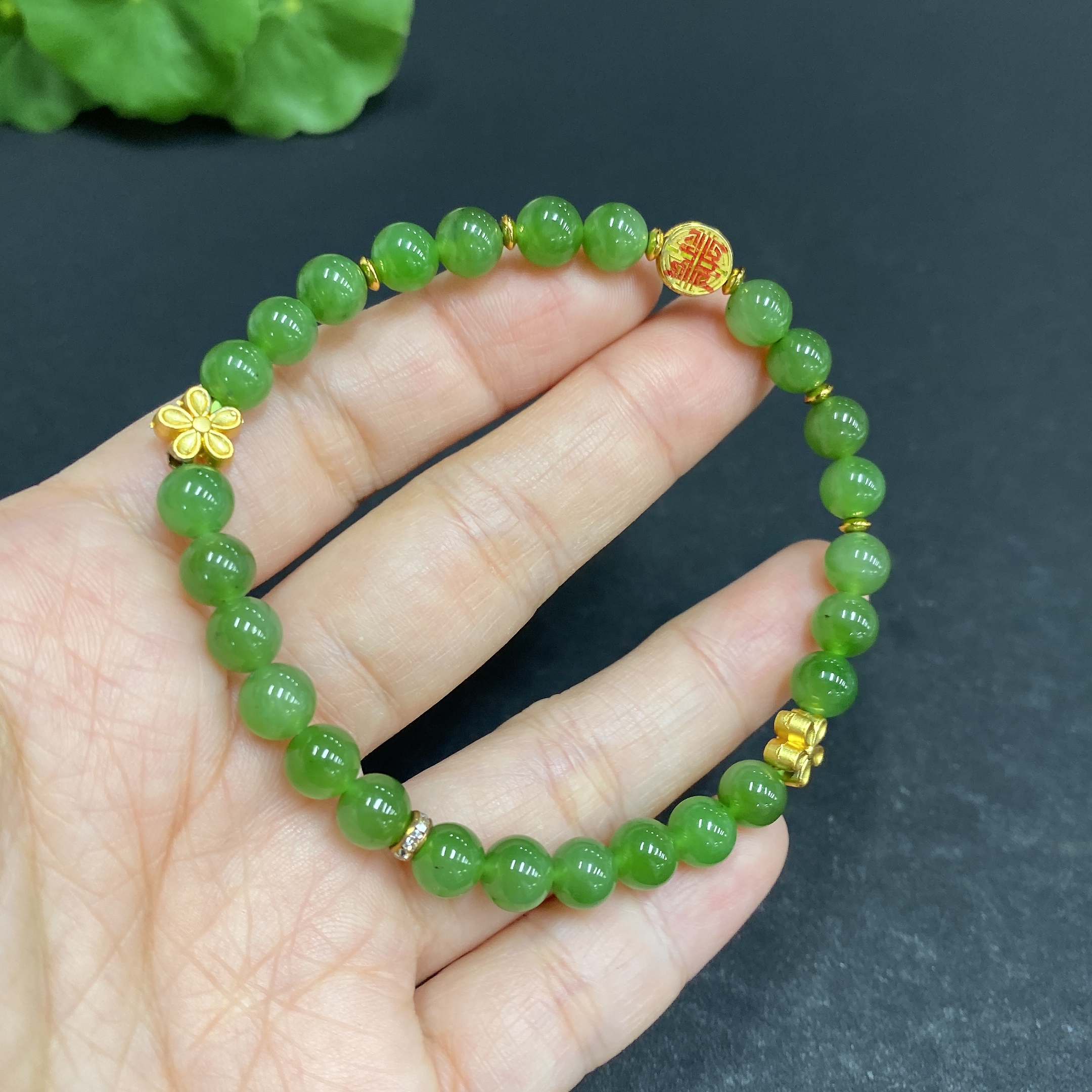 H33939499 Hetian Jade Bracelet, approx. 6mm, total weight approx. 10.9g, with Jadeite, no imprint, surface gold content marked red 75%, rest non-gold
