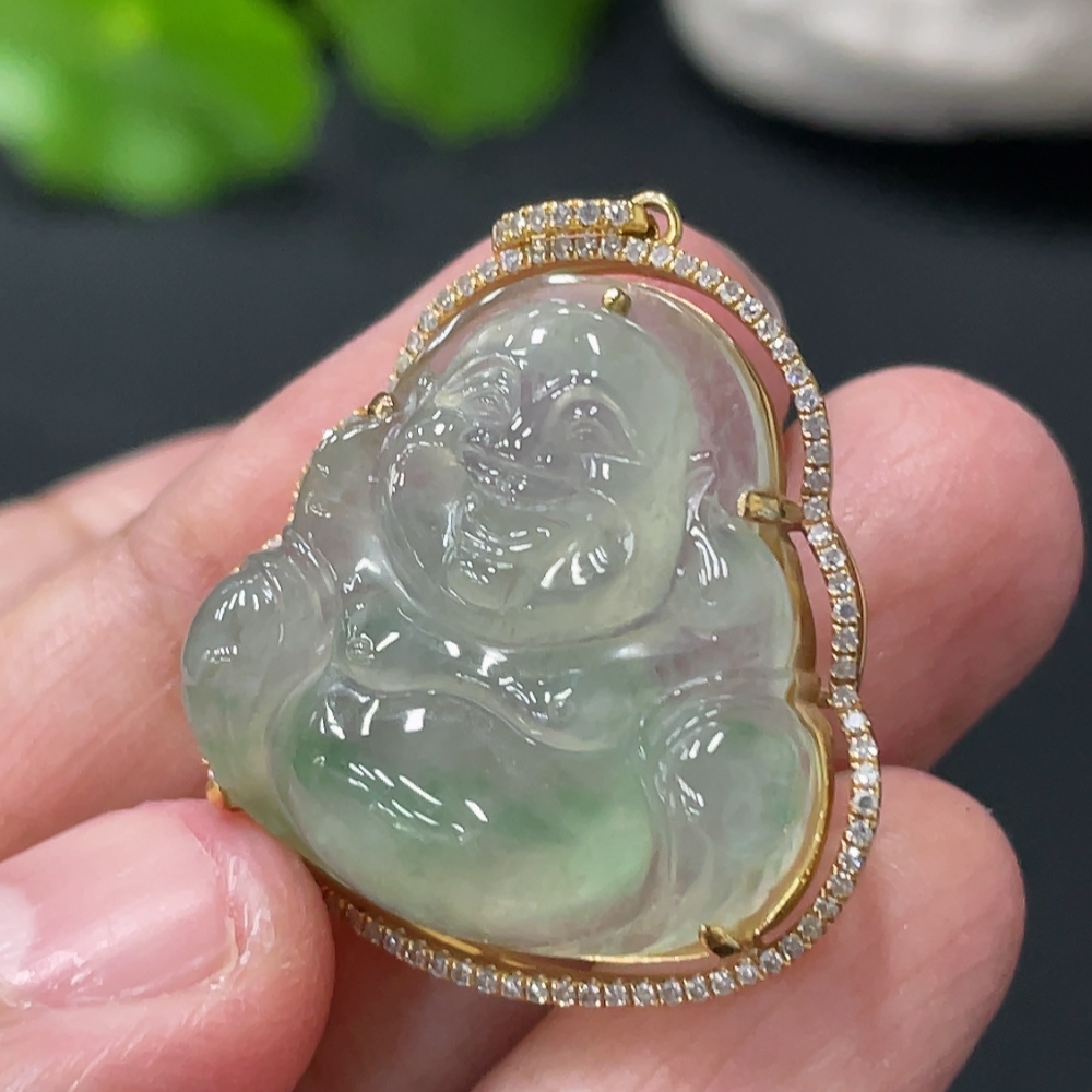 F33837840 JadeiteBuddha Pendant with 18K Gold Setting and Chain, Total Weight Approx. 10.6g, Accented with Diamonds