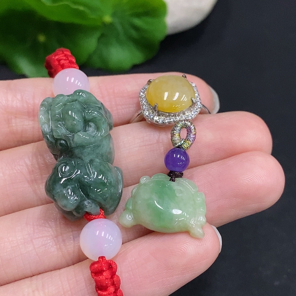 F33941314 Jadeite Pendant + Cabochon Ring + Bracelet Sell as a Lot Non-Gold Setting Adjustable Size Yellow Color Origin Undetermined Non-Jadeite Beads