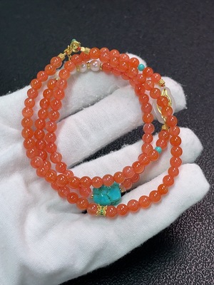 C34037882 South Red Agate Bead Necklace with Visible Organic Matter, Non-Natural Accent Stones, Paired with Pearls and Hetian Jade, Non-Gold, Total Weight Approximately 19.03g, Bead Size About 4.7mm