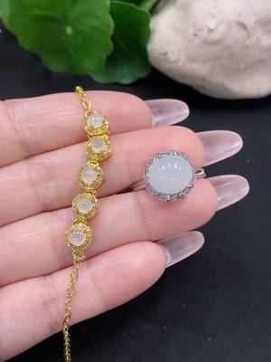 F34068921 Jadeite Inlaid Bracelet + Ring Sell as a Lot (Non-Gold Inlaid) (Adjustable)