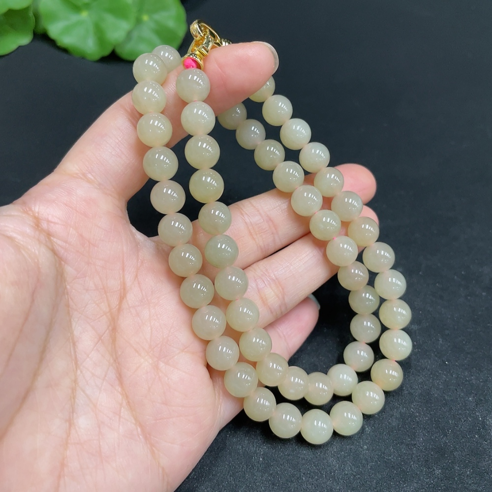 H34037001 Hetian Jade Bead Necklace Approx. 7.7mm Non-Gold-Inlaid Total Weight About 43.2g