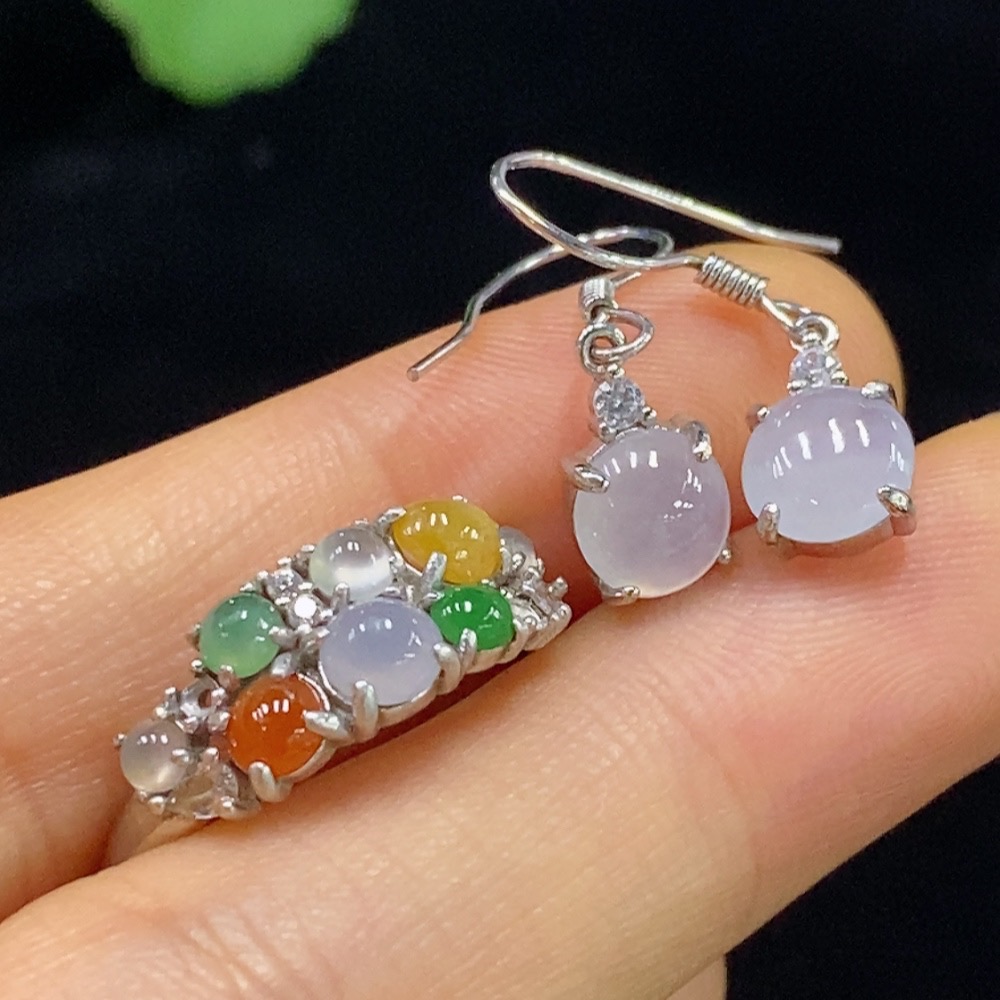 F34044525 Jadeite Inlaid Ring/Earrings Non-Gold Adjustable Red/Yellow Part Color Origin Undetermined