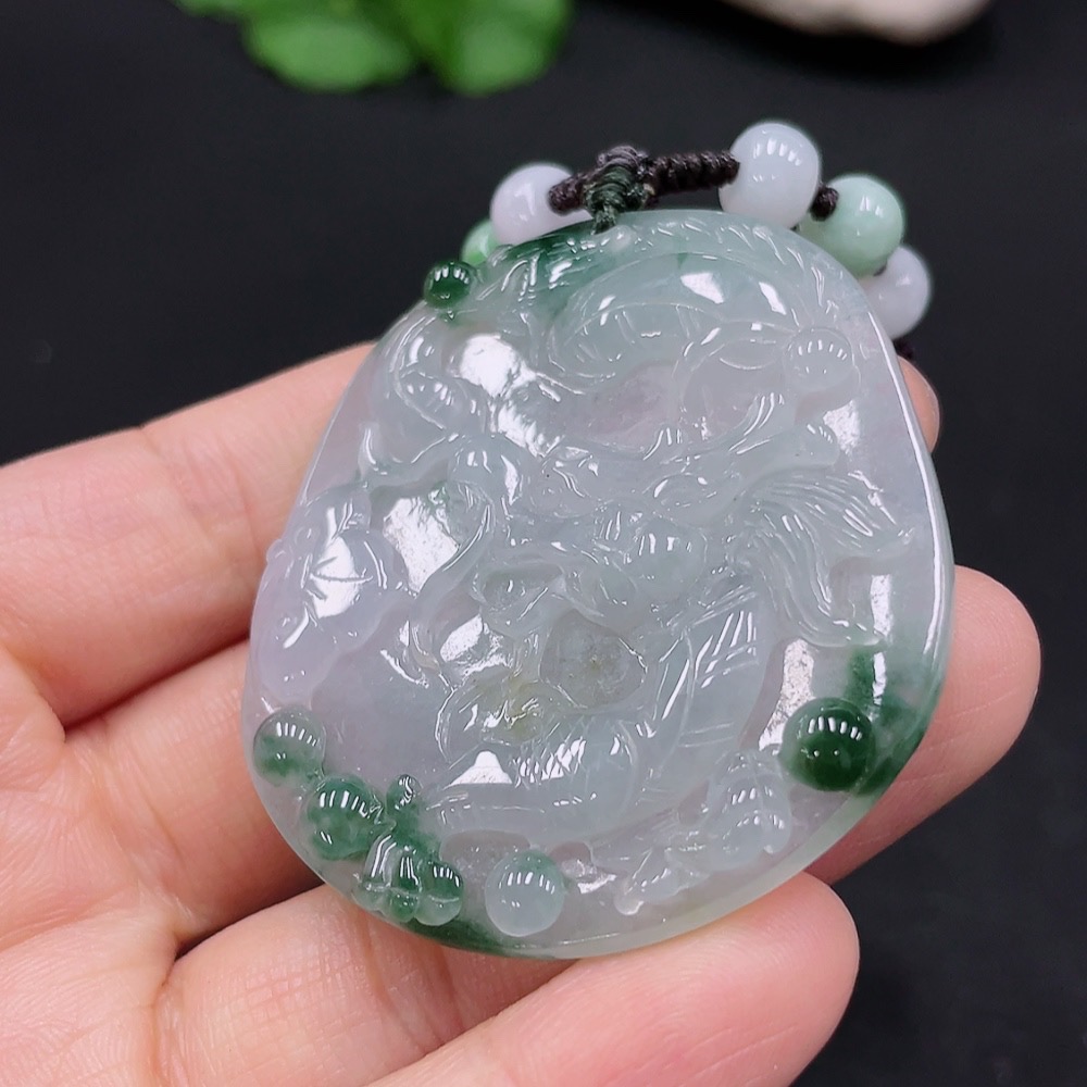 F25900418 Jadeite Dragon Pendant Total Weight Approx. 38.72g with Non-Grade A Beads
