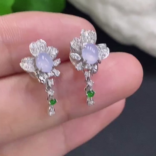 F30484017 Jadeite Cabochon Earrings 18K Gold Total Weight Approx. 2.5g (Diamond Accents)