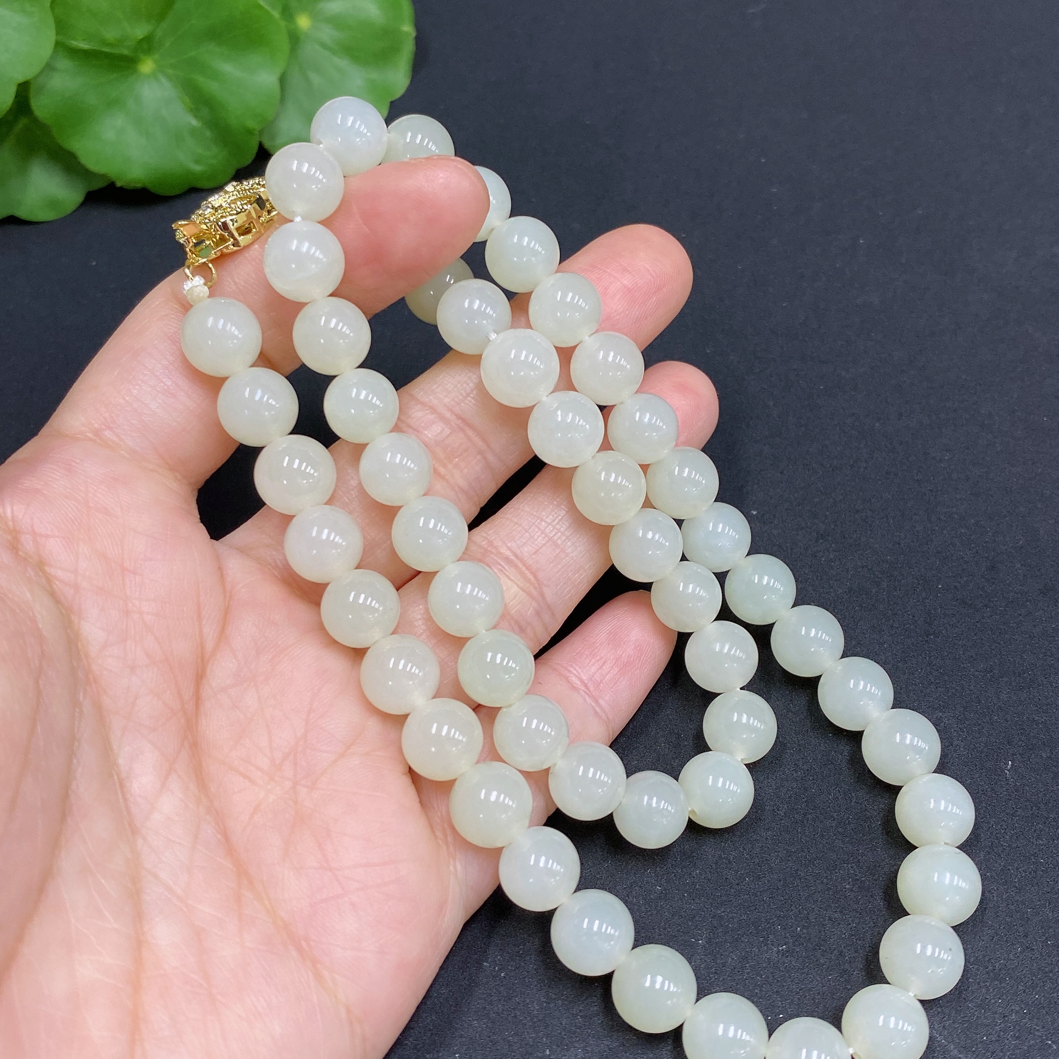 H34970438 Hetian Jade Bead Necklace, Approx. 8mm, Non-Gold Inlaid, Total Weight Approx. 47.9g