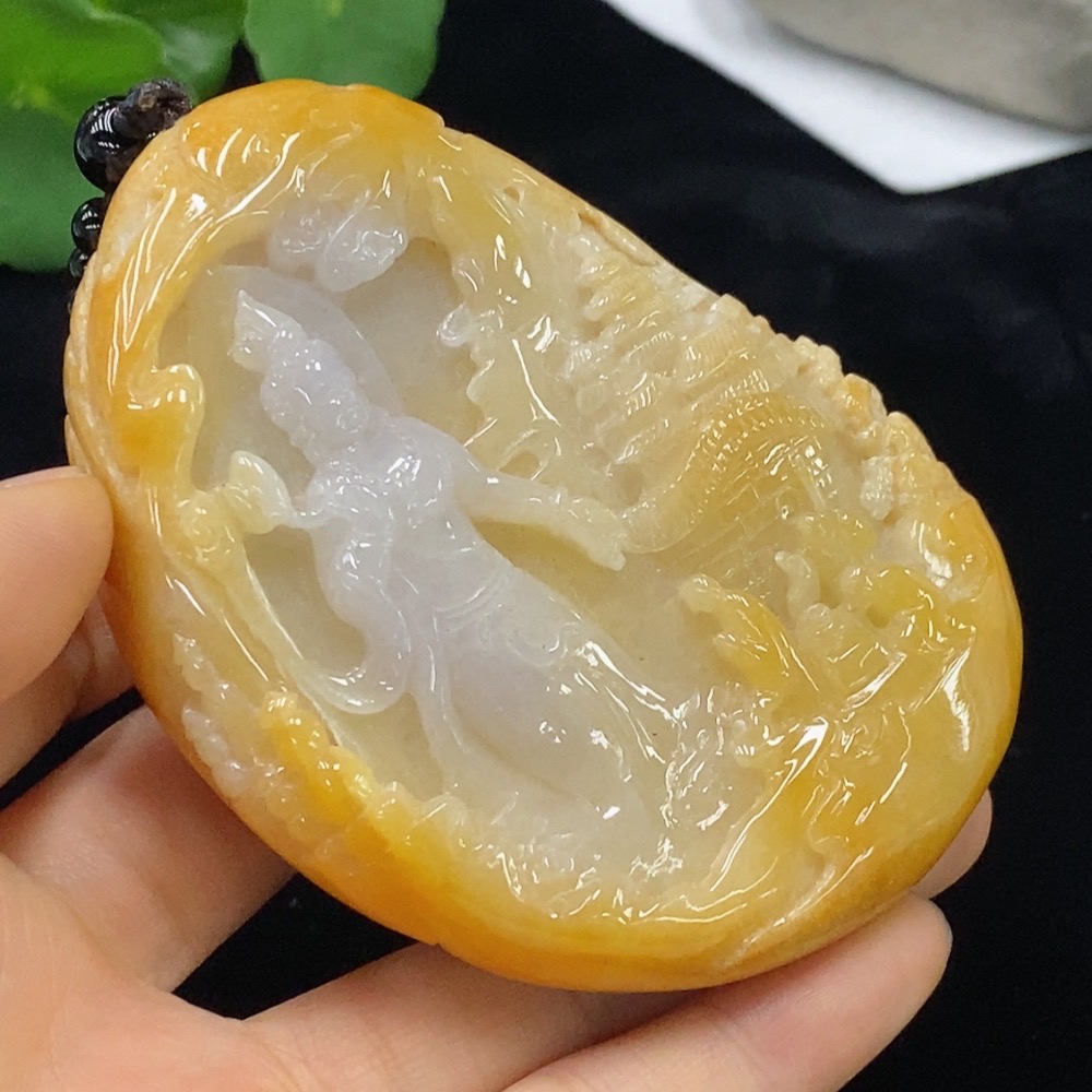 F34948768 Jadeite Landscape Pendant Total Weight Approximately 222.88g (Including Chain Weight) Yellow Part Color Origin Undetermined With Non-Type A Beads