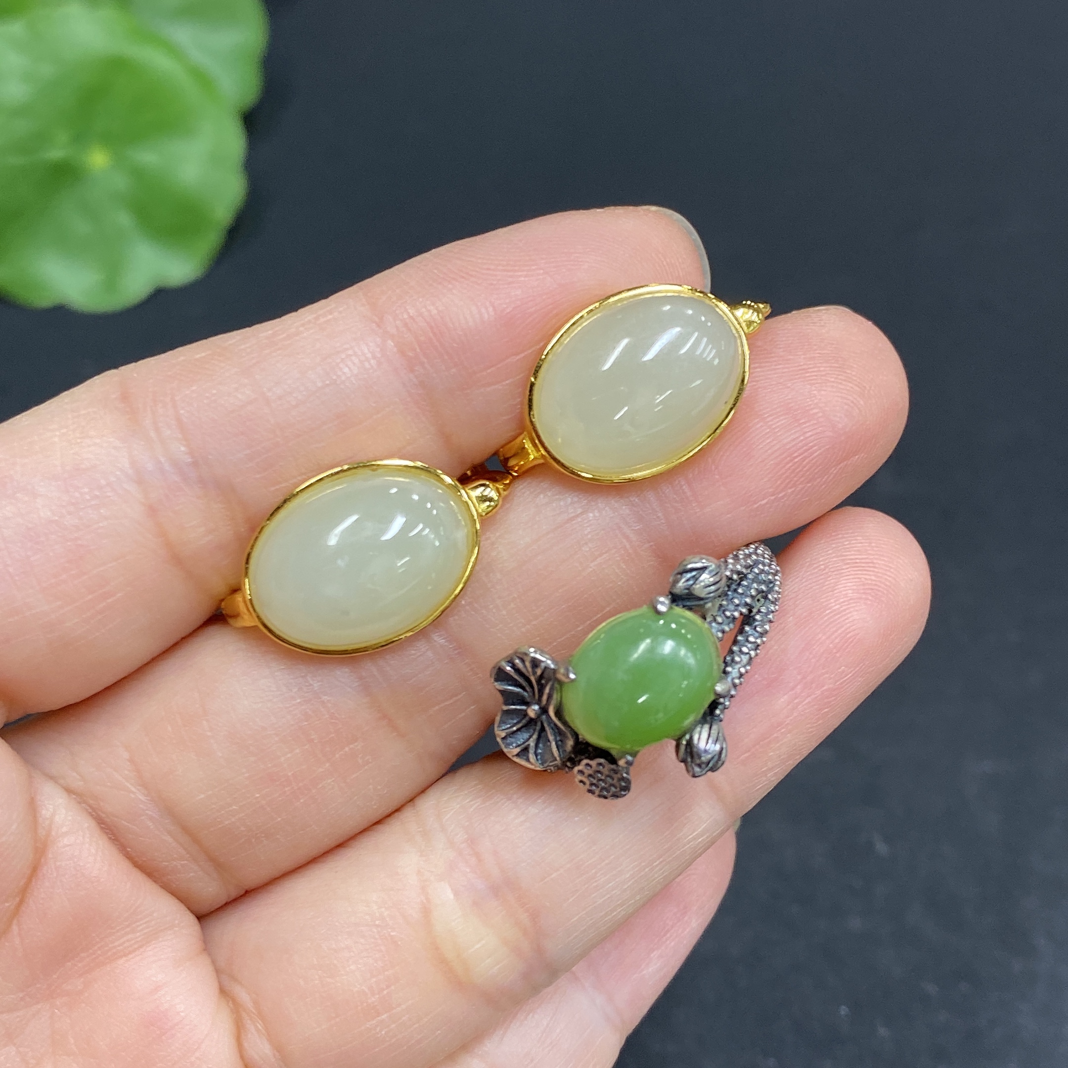 H33879541 Hetian Jade Inlaid Adjustable Ring Earrings Non-Gold Inlaid Total Weight Approx. 10.1g