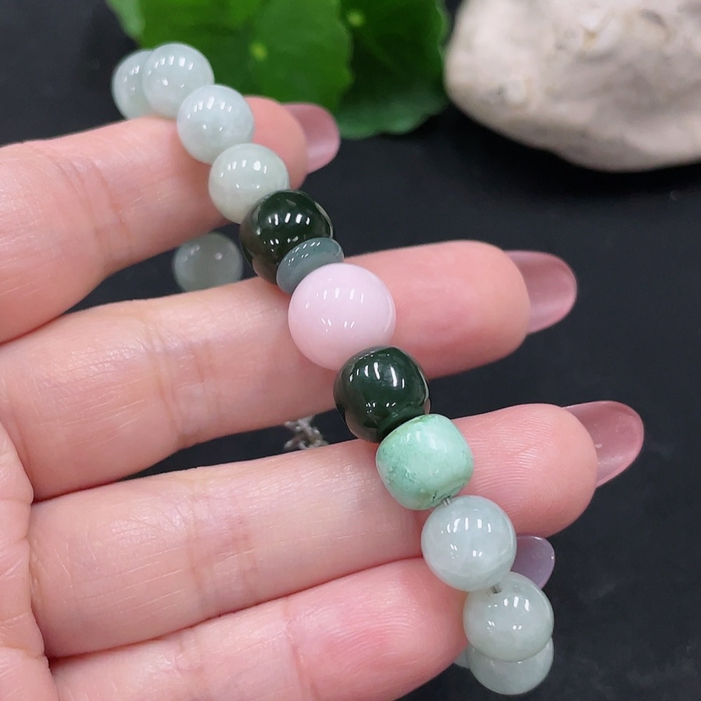 F34012270 Jadeite Bracelet Approx. 8.8mm Total Weight About 25.3g (Non-Gold Inlaid) (Matching Beads Non-A) (With Hetian Jade)