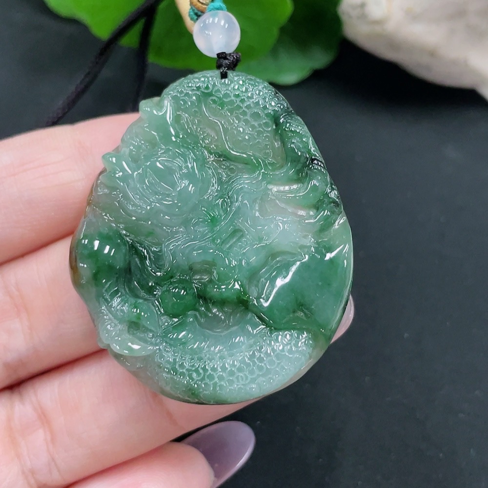 F34967159 Jadeite Dragon Pendant Total Weight Approx. 19.8g (Including Rope Weight)