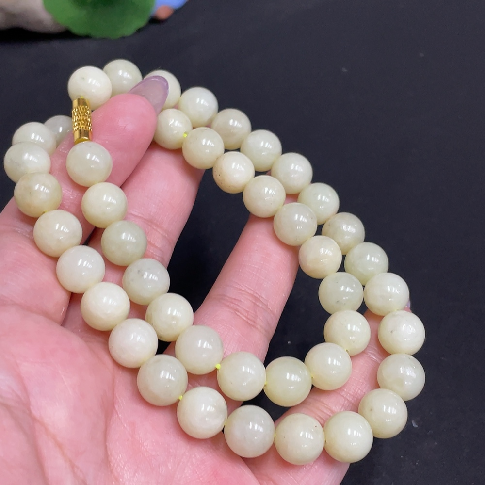 H33863574 Hetian Jade Bead Necklace, Approx. 9.2mm, Total Weight Approx. 62.9g, Non-Gold