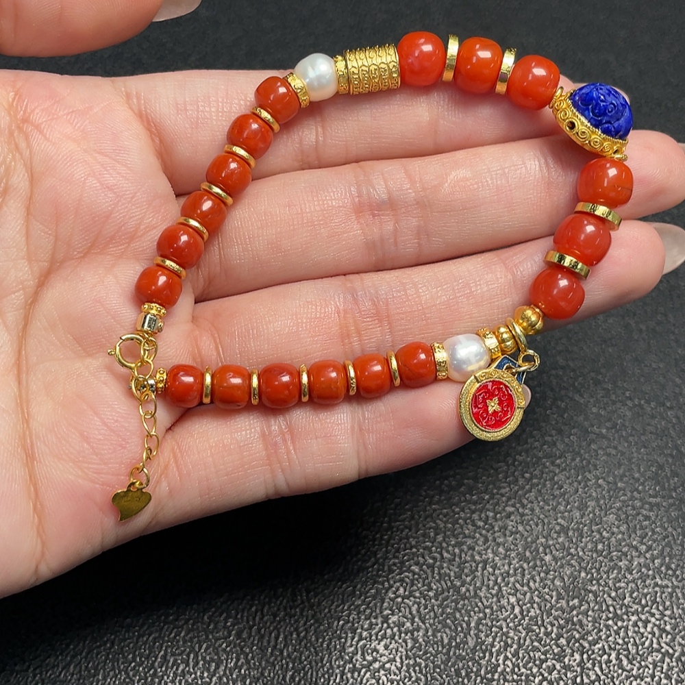 C34951510 South Red Agate Bracelet with Visible Organic Matter, Total Weight Approx. 17.37g, Bead Size 5.8-7.5mm, Paired with Pearls, Non-Gold