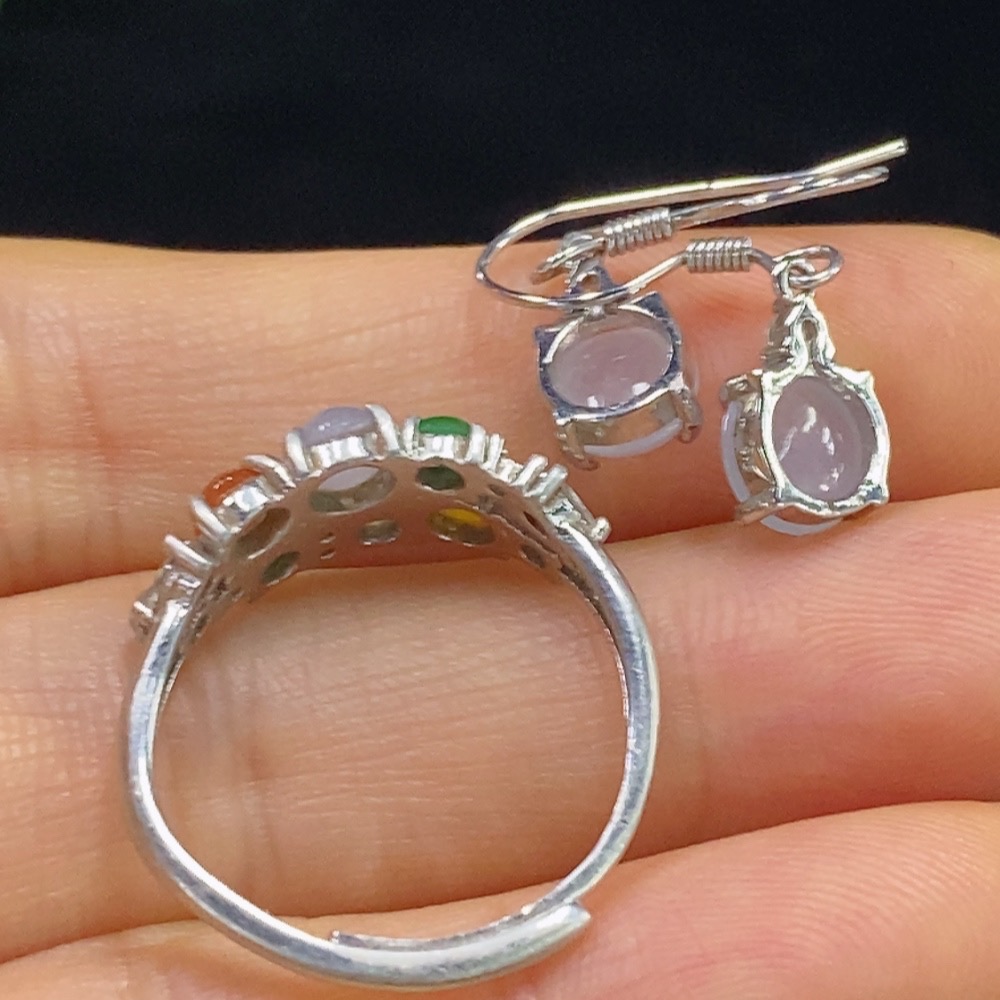 F34044525 Jadeite Inlaid Ring/Earrings Non-Gold Adjustable Red/Yellow Part Color Origin Undetermined